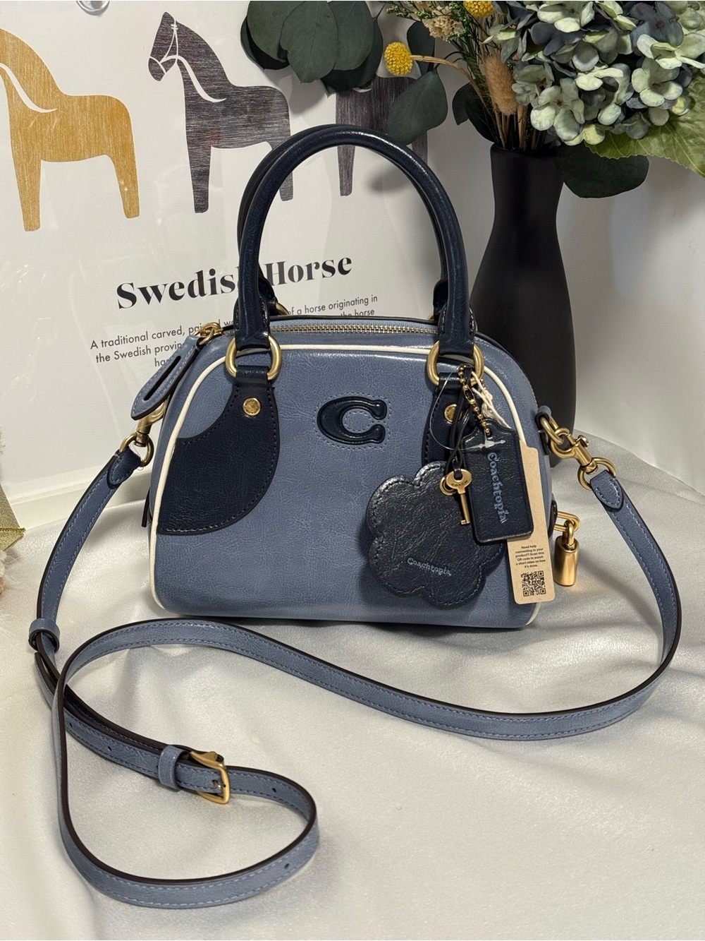 NEW Coach topia Bowling Top Handle Bag in Blue/White/Brass CDU48